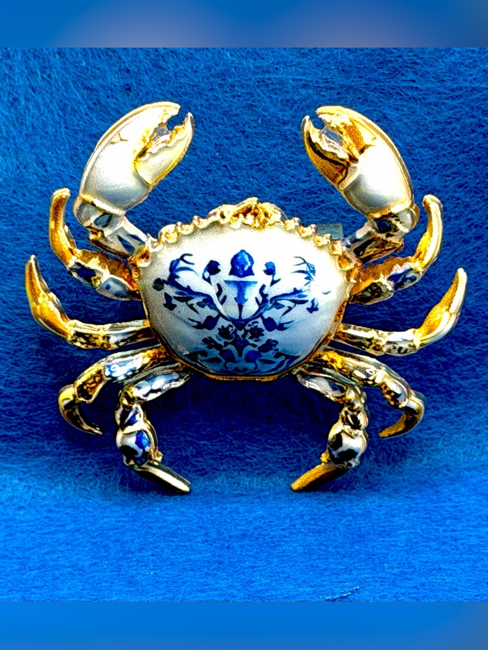 Blue & White Enamel Crab Brooch